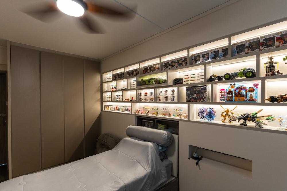 Scandinavian Bedroom with Bookshelf and Wardrobe