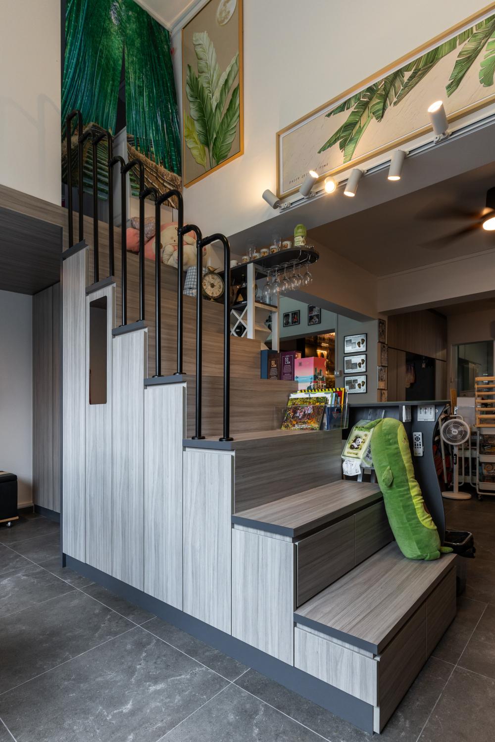 Scandinavian Hallway with Bookshelf and Artwork