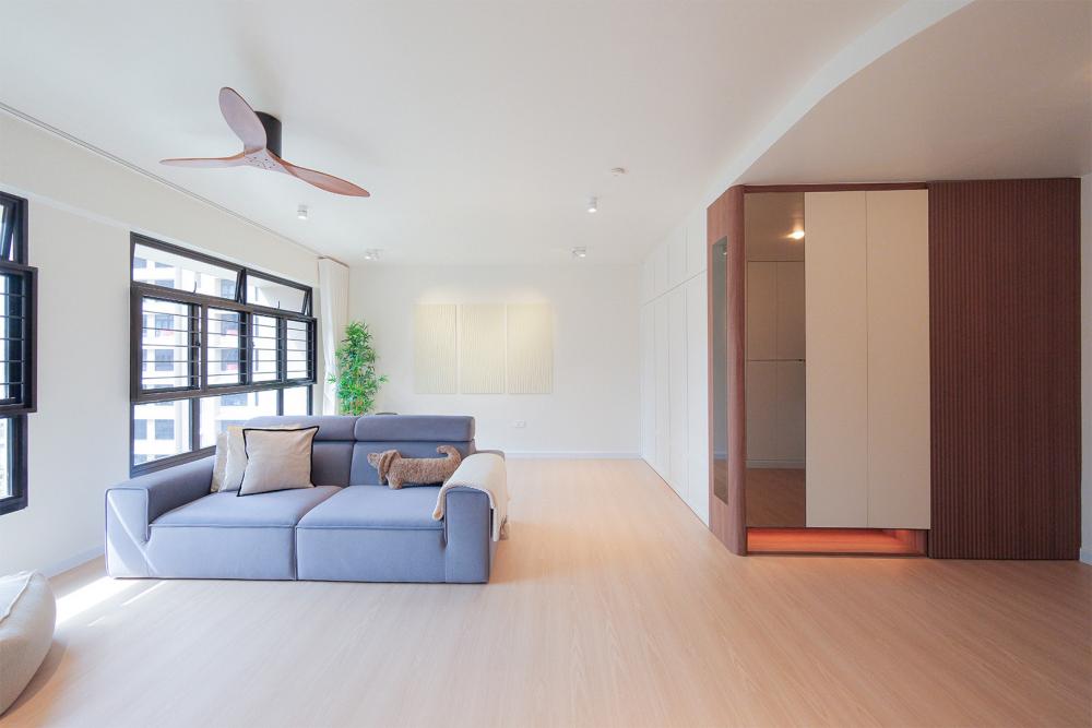 Contemporary Living Room with Marble Floor and Drop Light