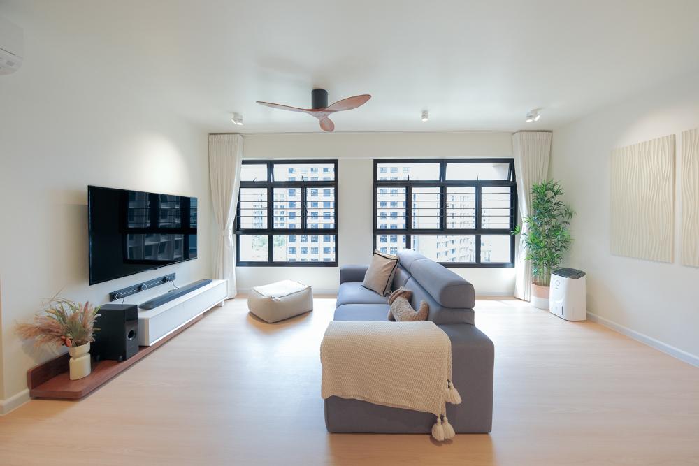 Contemporary Living Room with Herringbone Tiling and Granite Floor