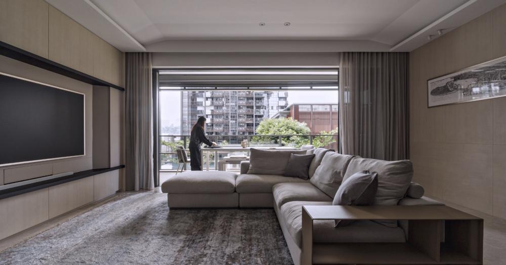 Modern Living Room with TV Console and Curtain