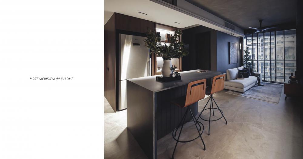 Modern Living Room with Bookshelf and Cement Floor