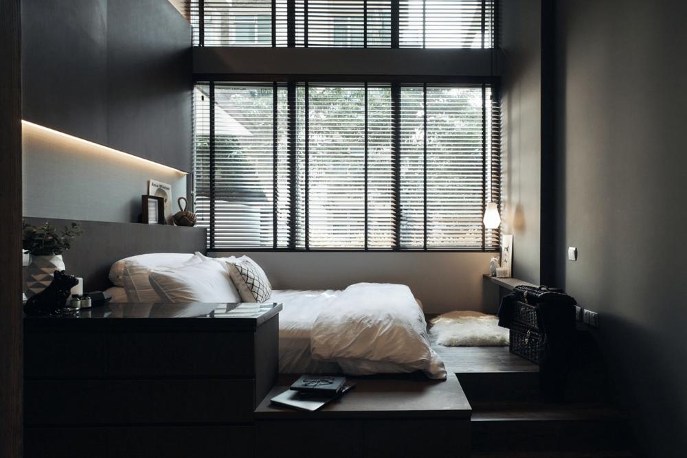 Industrial Bedroom with Platform Bed and Vinyl Flooring