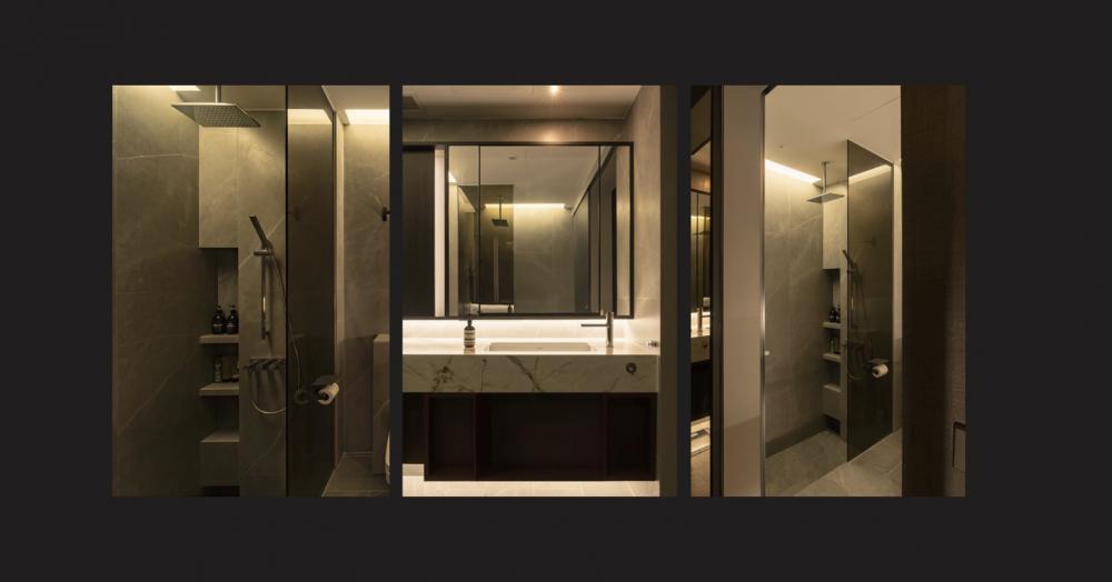 Modern Bathroom with Mirror and Laundry Baskets