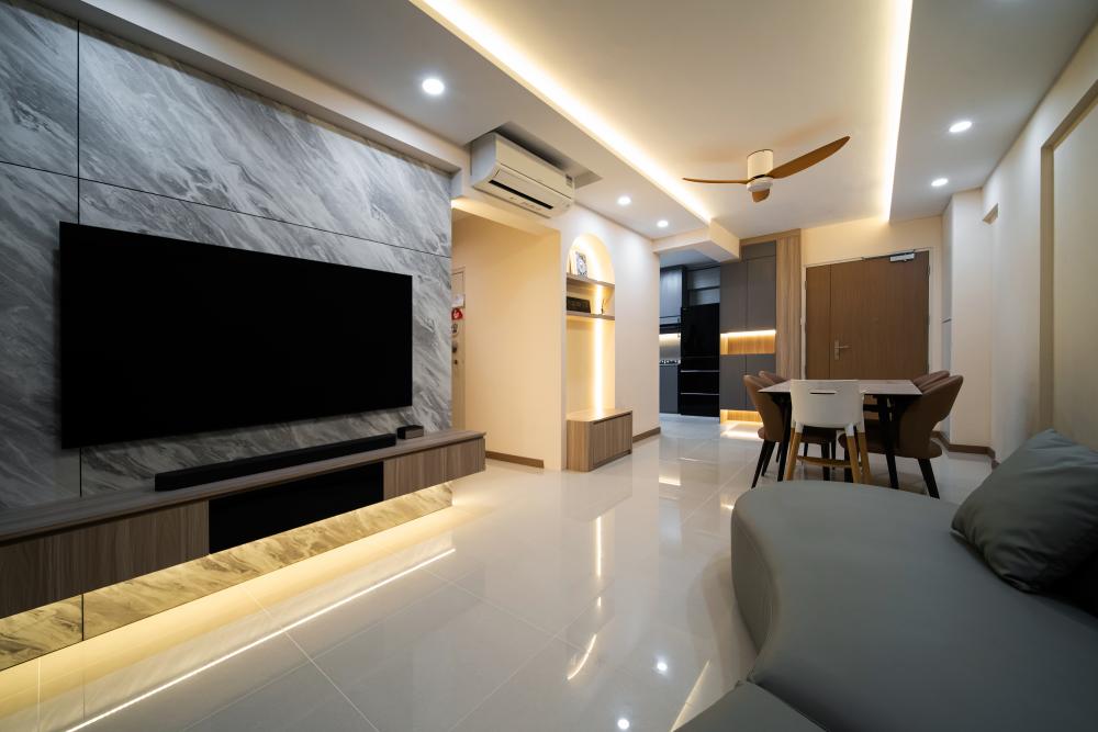 Modern Living Room with Homogeneous Tiles and TV Console