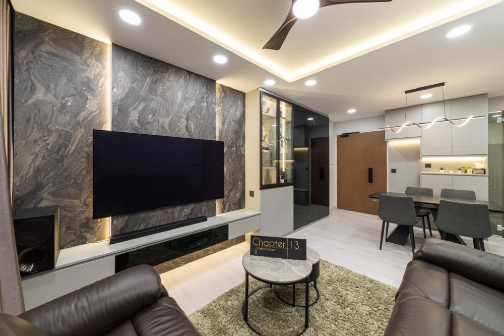 Modern Living Room with Homogeneous Tiles and TV Console