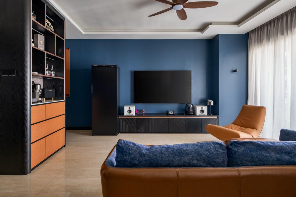 Eclectic Living Room with TV Console and Feature Wall