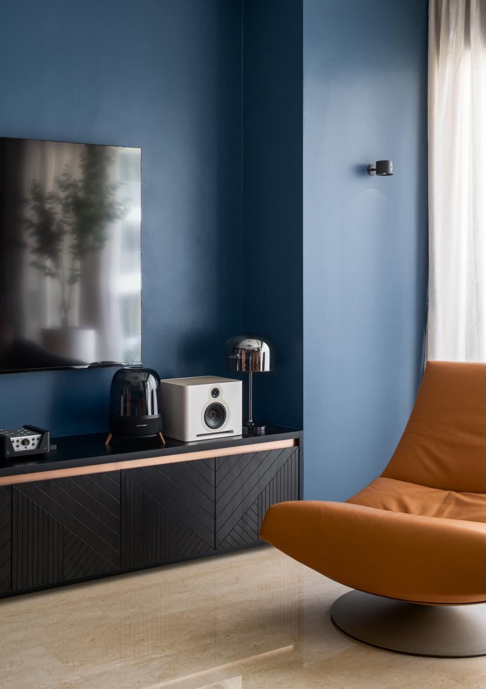Eclectic Living Room with TV Console and Feature Wall