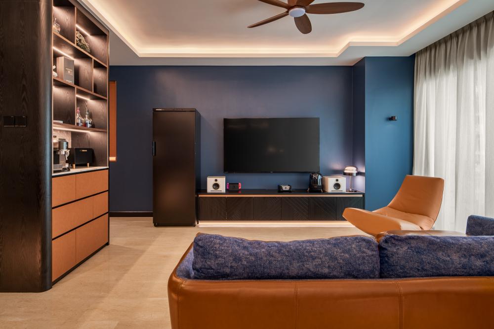 Eclectic Living Room with TV Console and Feature Wall