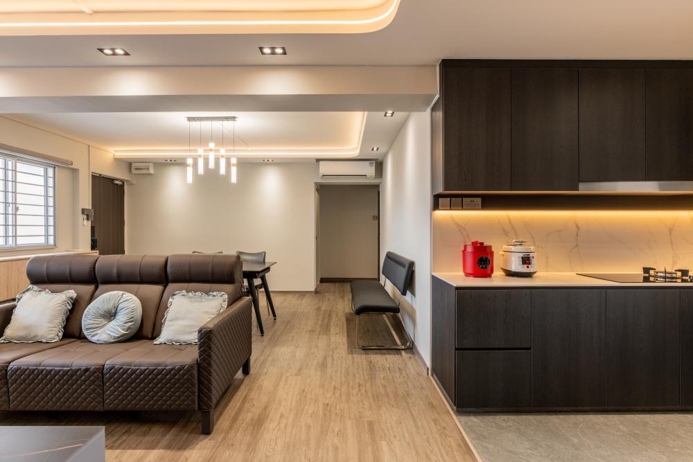 Contemporary Dining Room with Cove Lighting and Downlights