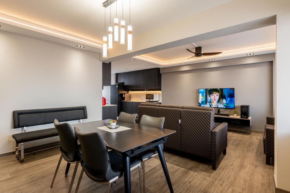 Contemporary Living Room with Vinyl Flooring and Cove Lighting