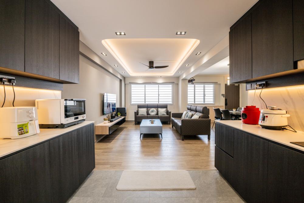 Contemporary Living Room with Vinyl Flooring and Cove Lighting