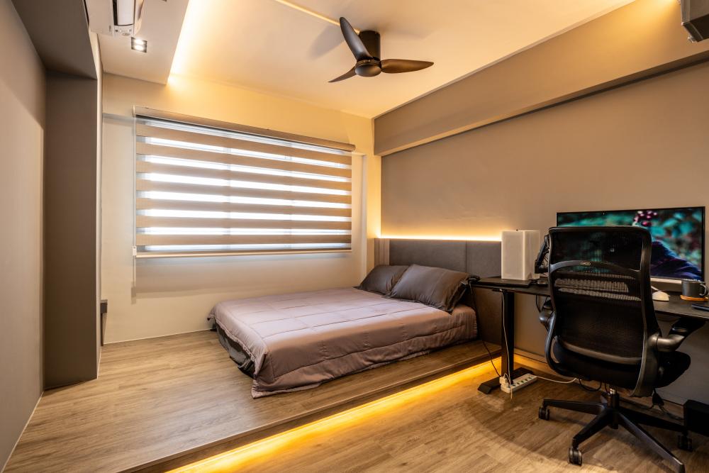 Contemporary Bedroom with Platform Bed and Vinyl Flooring