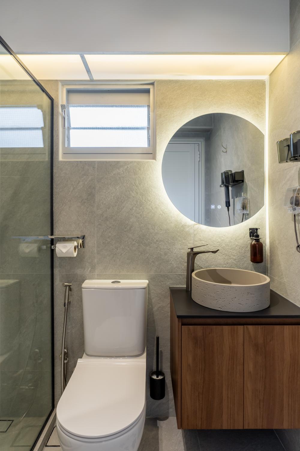 Scandinavian Bathroom with Homogeneous Tiles and Mirror