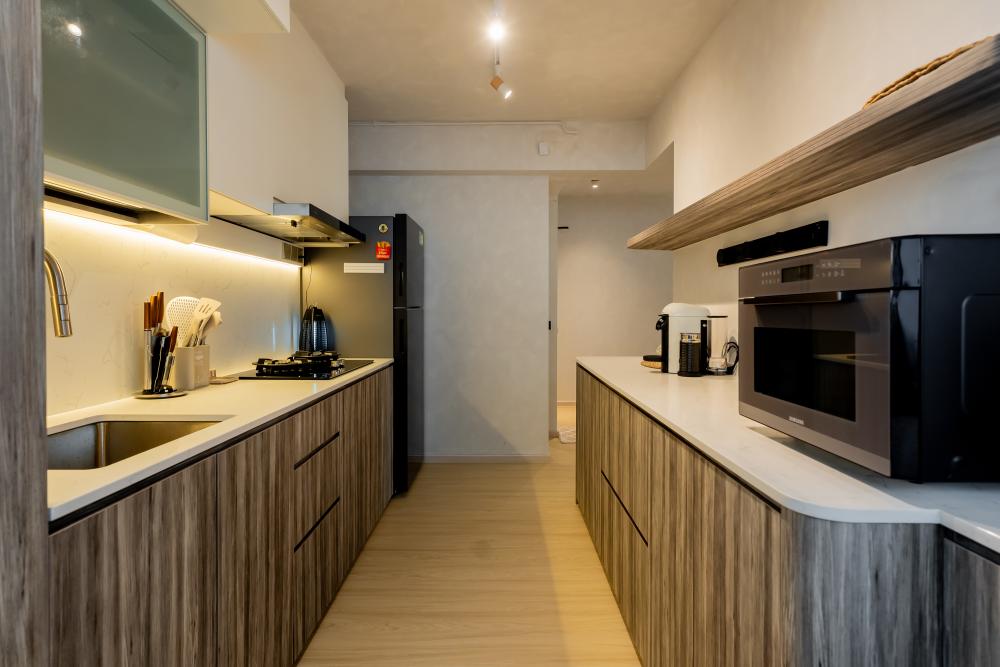 Scandinavian Kitchen with Countertop and Wall Shelves