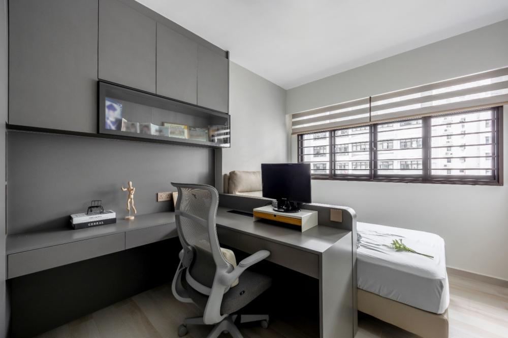 Contemporary Bedroom with Vinyl Flooring and Roller Blinds