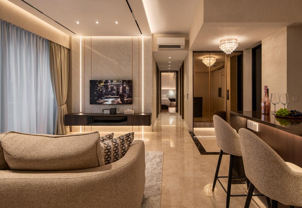Contemporary Living Room with Feature Wall and Chandelier