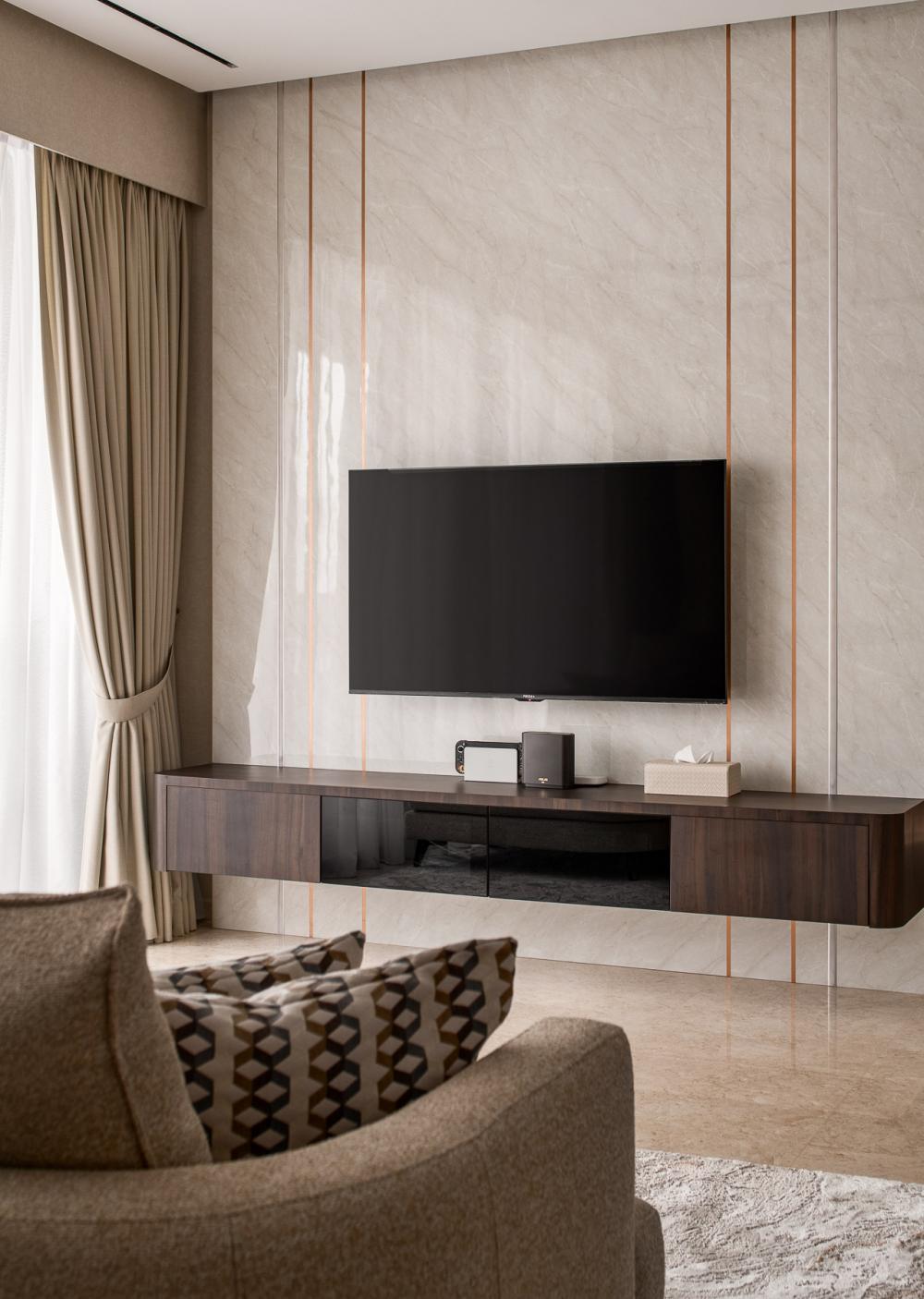 Contemporary Living Room with TV Console and Feature Wall