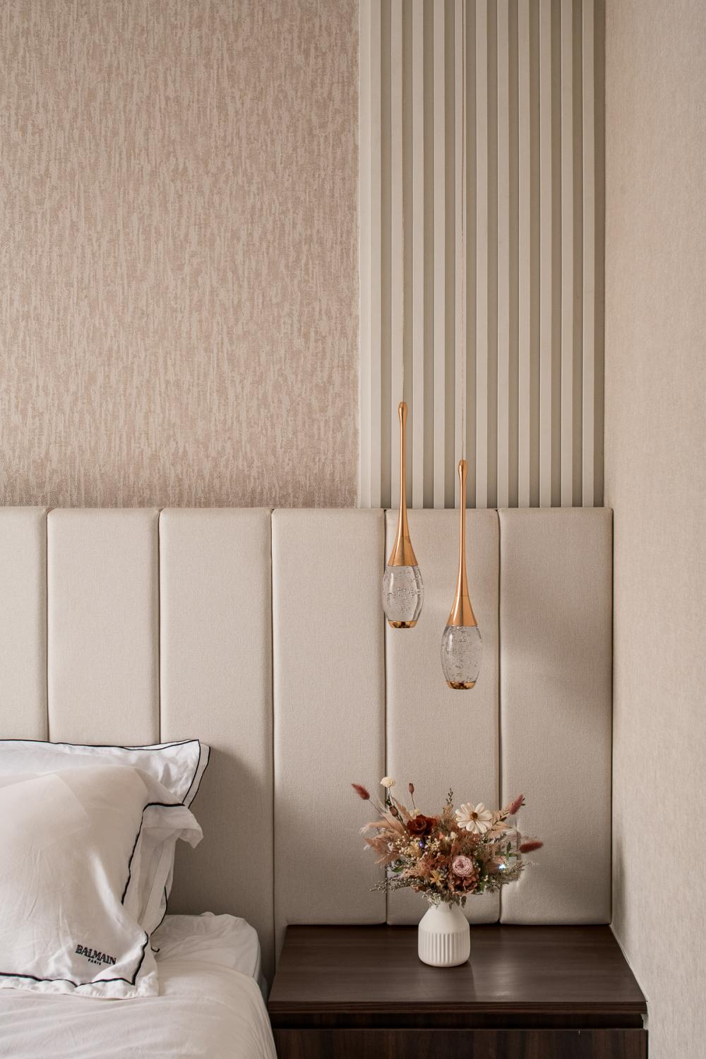 Contemporary Bedroom with Chandelier and Bedside Table