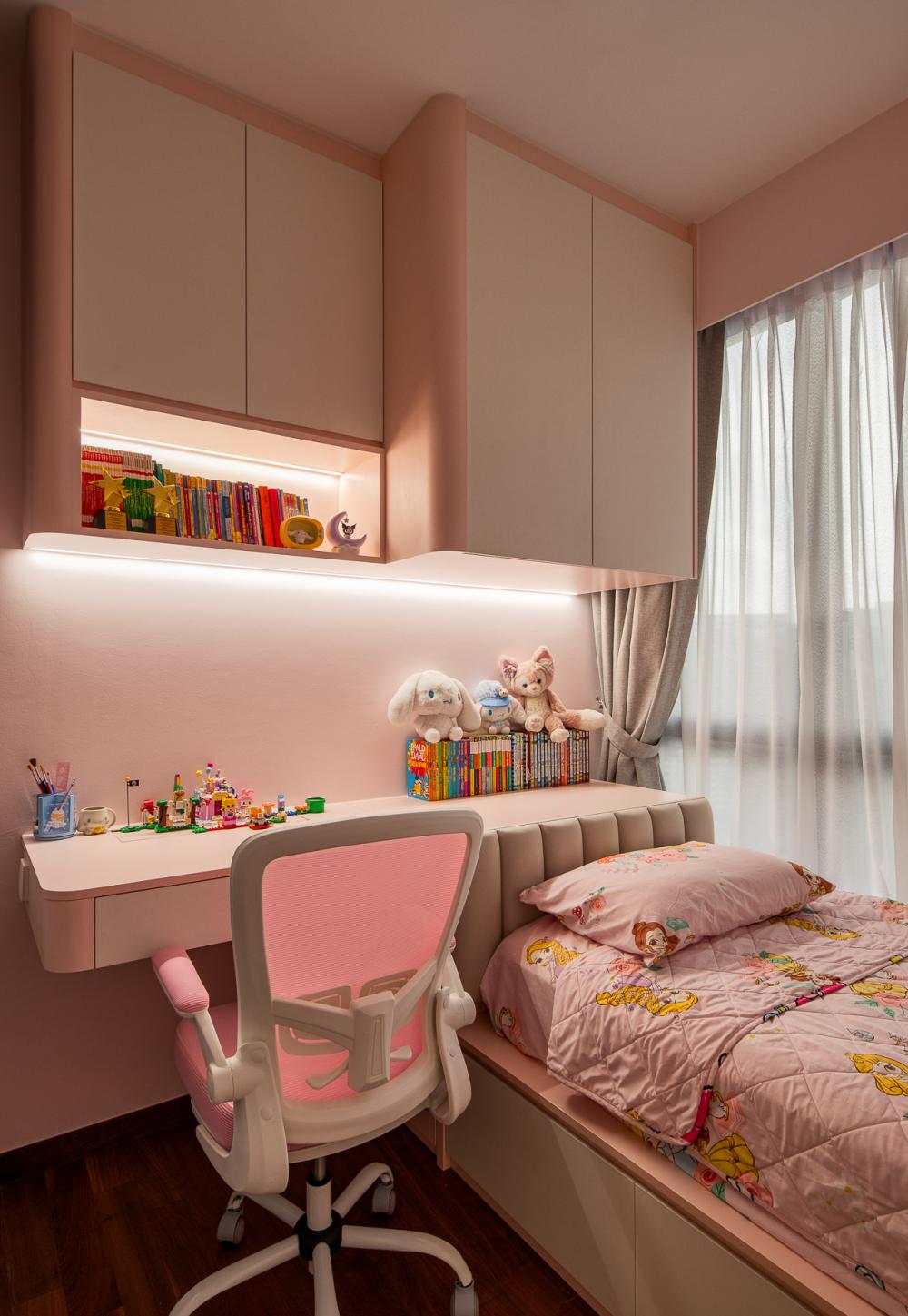 Contemporary Bedroom with Bookshelf and Platform Bed