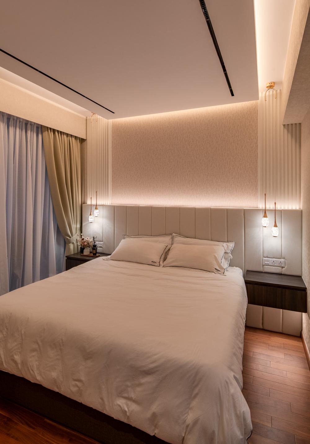 Contemporary Bedroom with Platform Bed and Chandelier
