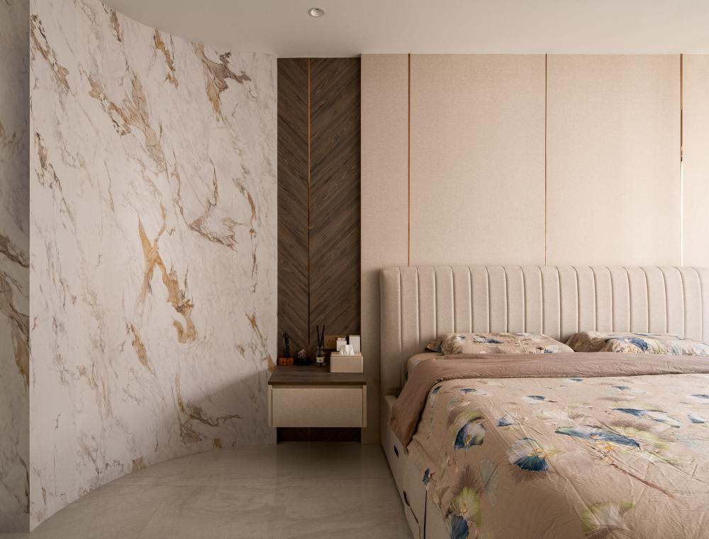 Contemporary Bedroom with Homogeneous Tiles and Built-in Bed