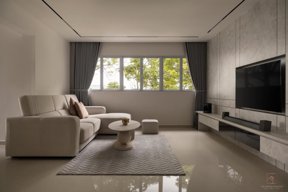 Contemporary Living Room with TV Console and Cove Lighting