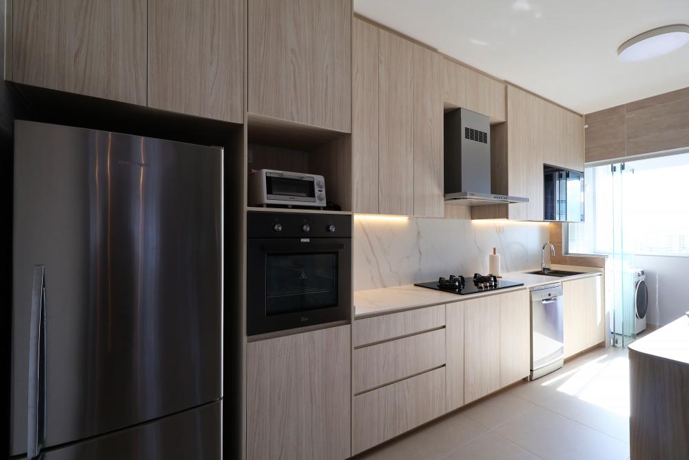 Contemporary Kitchen with Kitchen Window and Cupboard