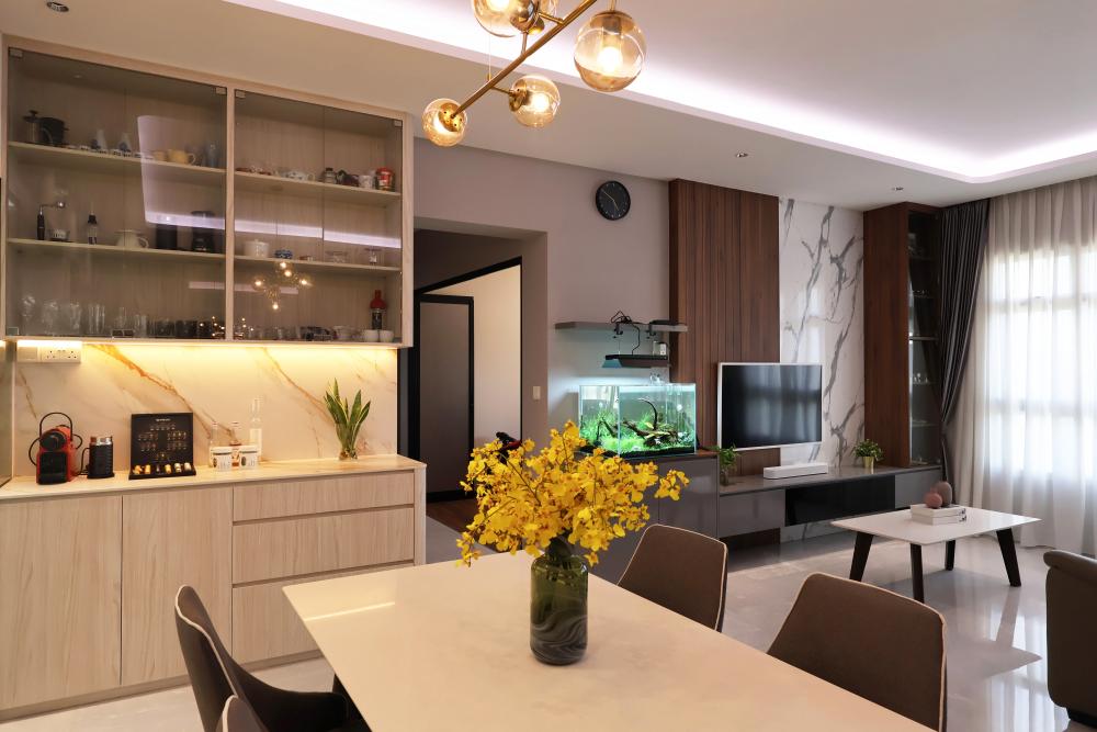 Contemporary Living Room with TV Console and Feature Wall