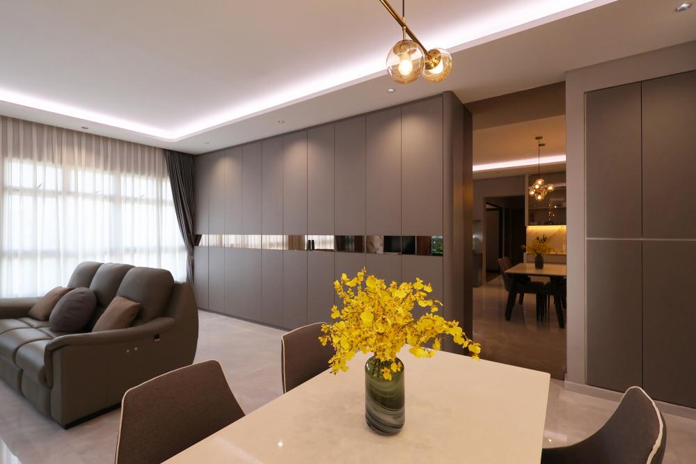 Contemporary Living Room with Homogeneous Tiles and TV Console