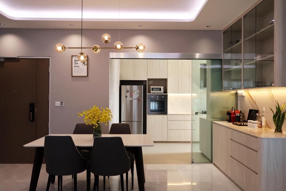Contemporary Dining Room with Ceiling Light and Chandelier