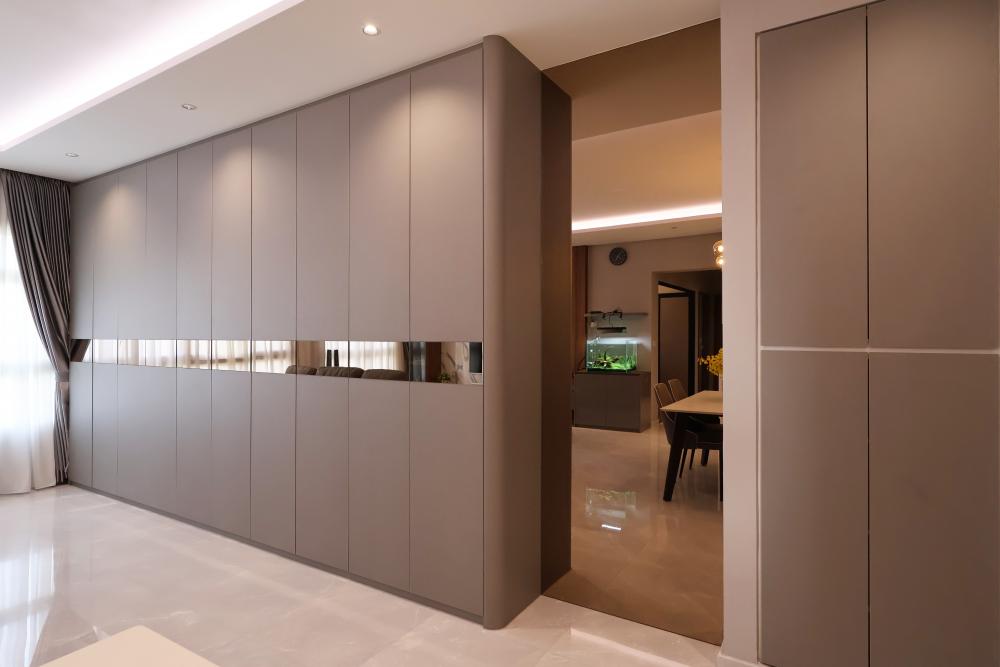 Contemporary Living Room with Homogeneous Tiles and TV Console