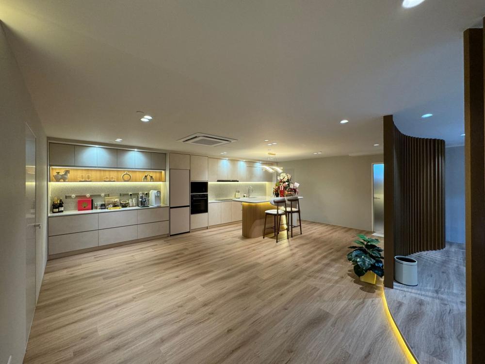 Minimalist Pantry with Kitchen Island and Open Kitchen