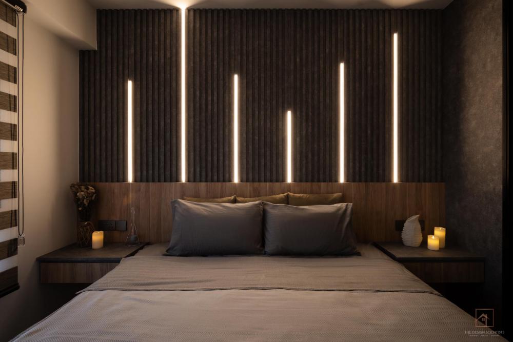 Contemporary Bedroom with Cove Lighting and Built-in Bed