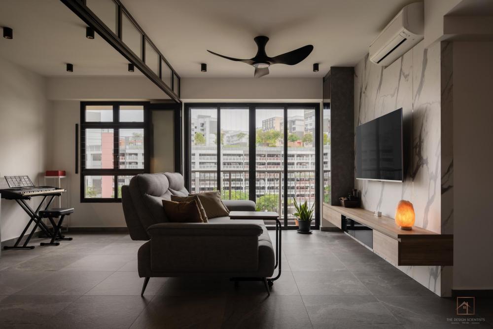 Contemporary Living Room with Homogeneous Tiles and TV Console
