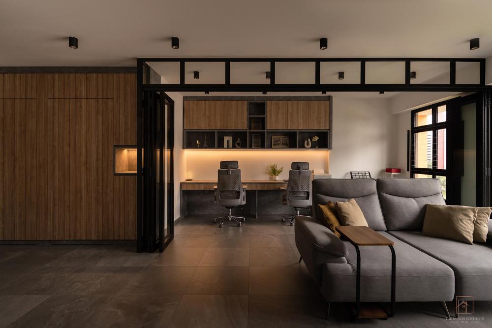 Contemporary Living Room with Bookshelf and Homogeneous Tiles