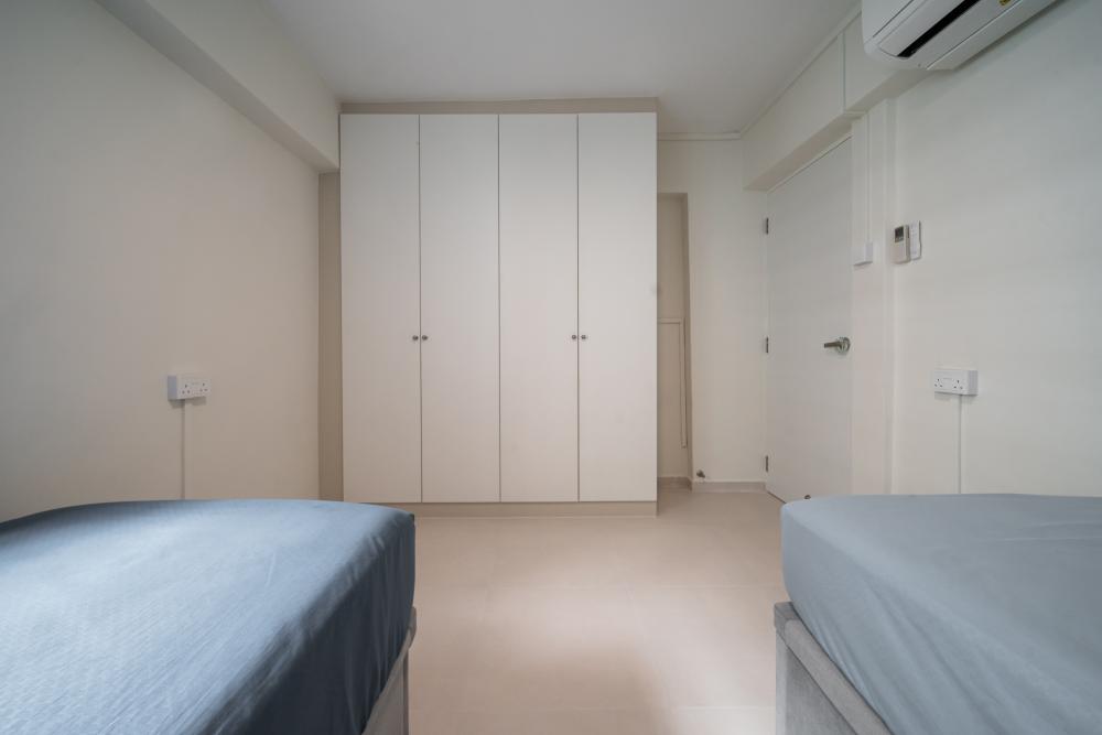 Scandinavian Bedroom with Homogeneous Tiles and Wood Flooring