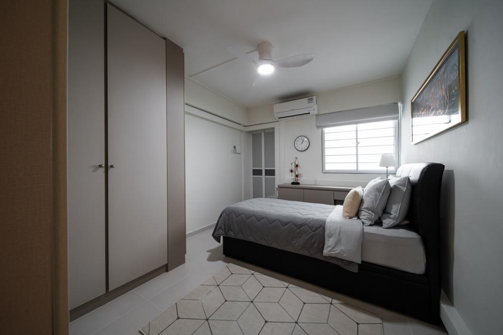 Scandinavian Bedroom with Homogeneous Tiles and Bedside Table