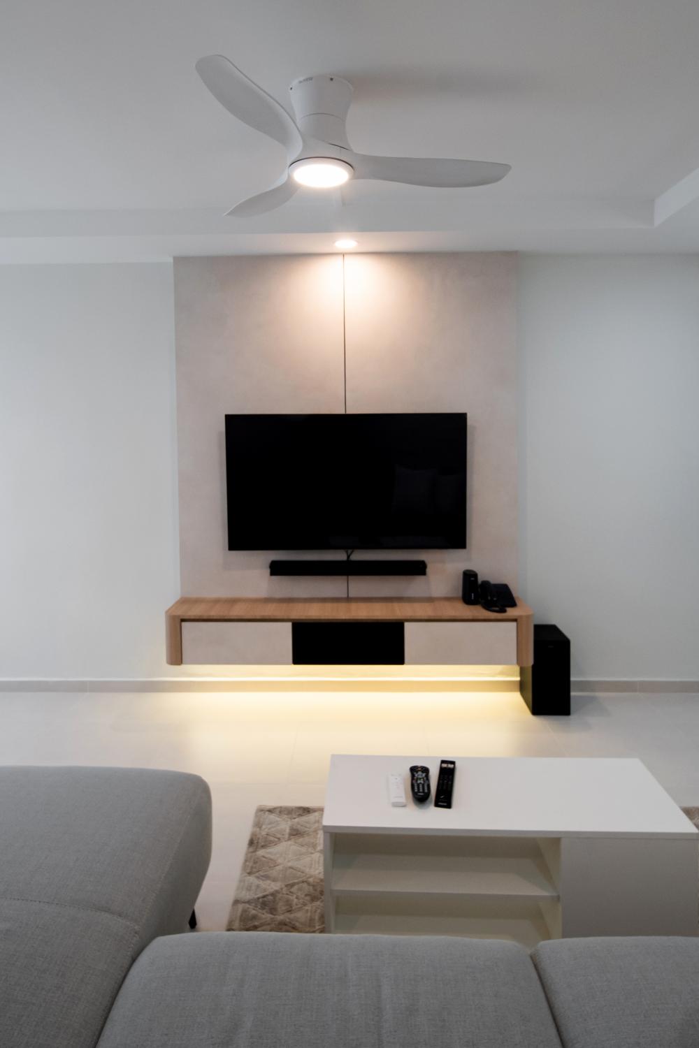 Scandinavian Living Room with TV Console and Feature Wall