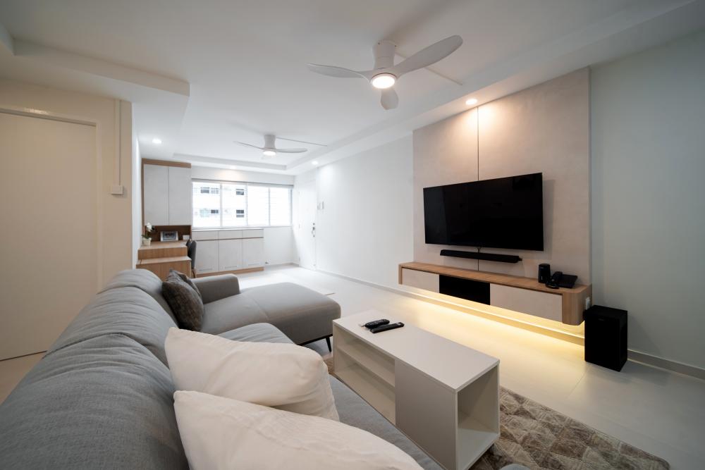 Scandinavian Living Room with Bookshelf and Vinyl Flooring