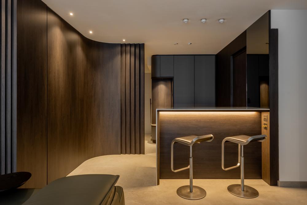 Contemporary Living Room with Chandelier and Downlights