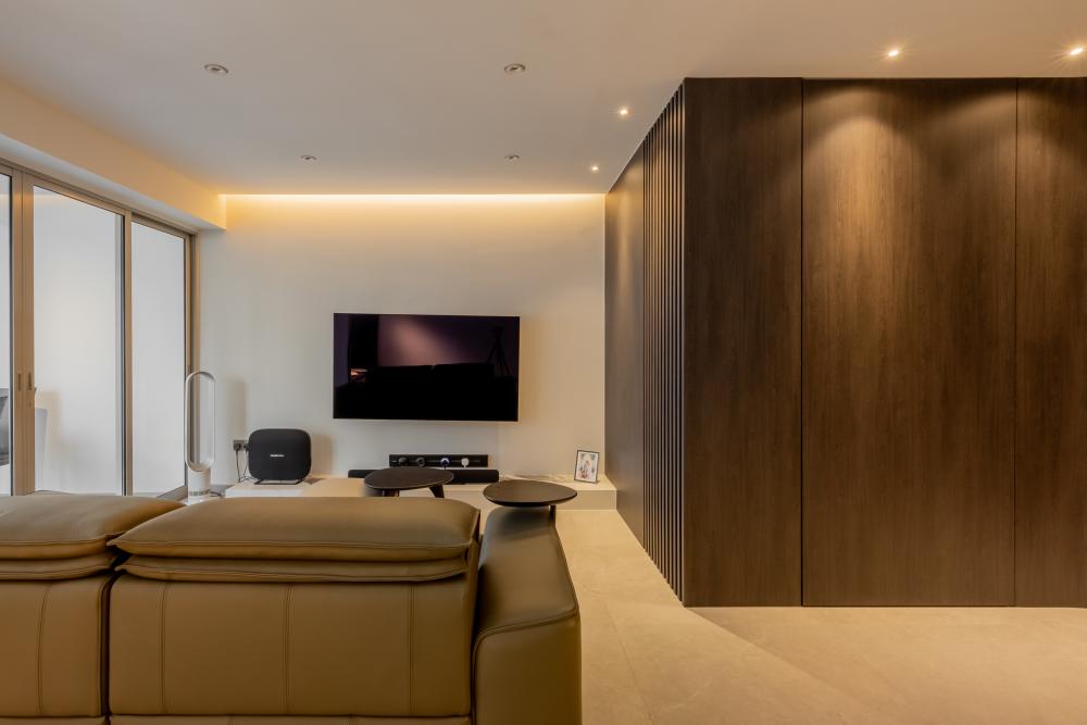 Contemporary Living Room with TV Console and Feature Wall