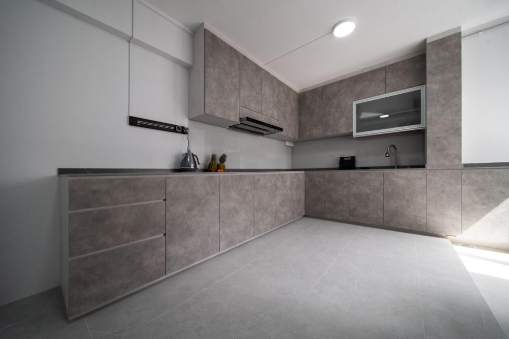 Modern Kitchen with Countertop and Homogeneous Tiles