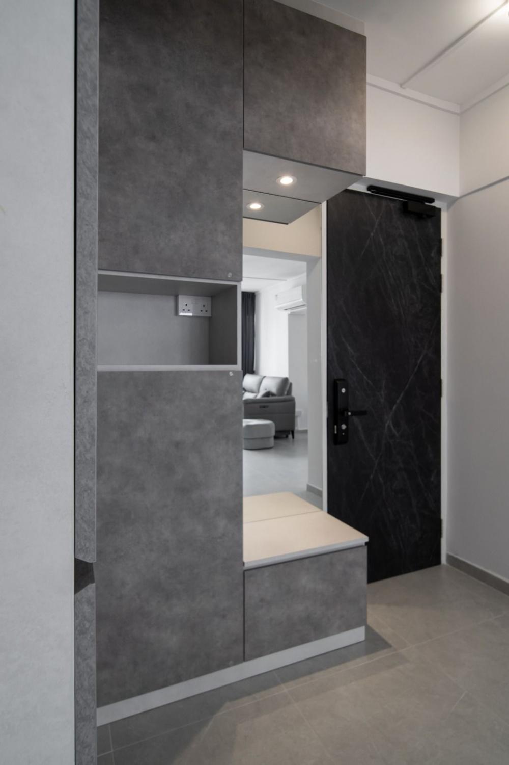 Modern Entryway with Mirror and Seating Bench