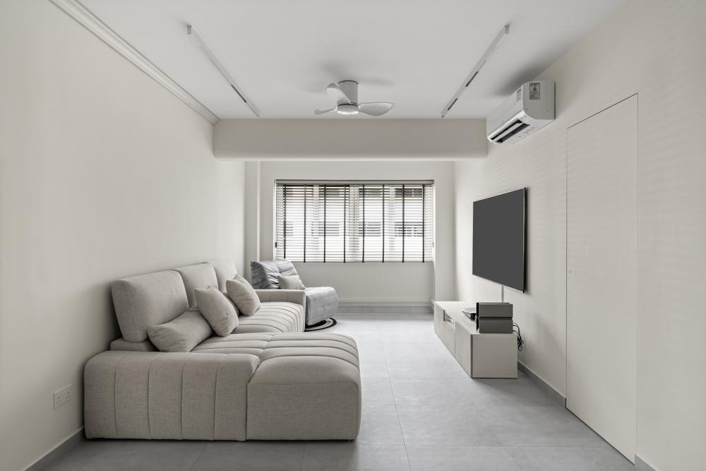 Minimalist Living Room with Homogeneous Tiles and TV Console