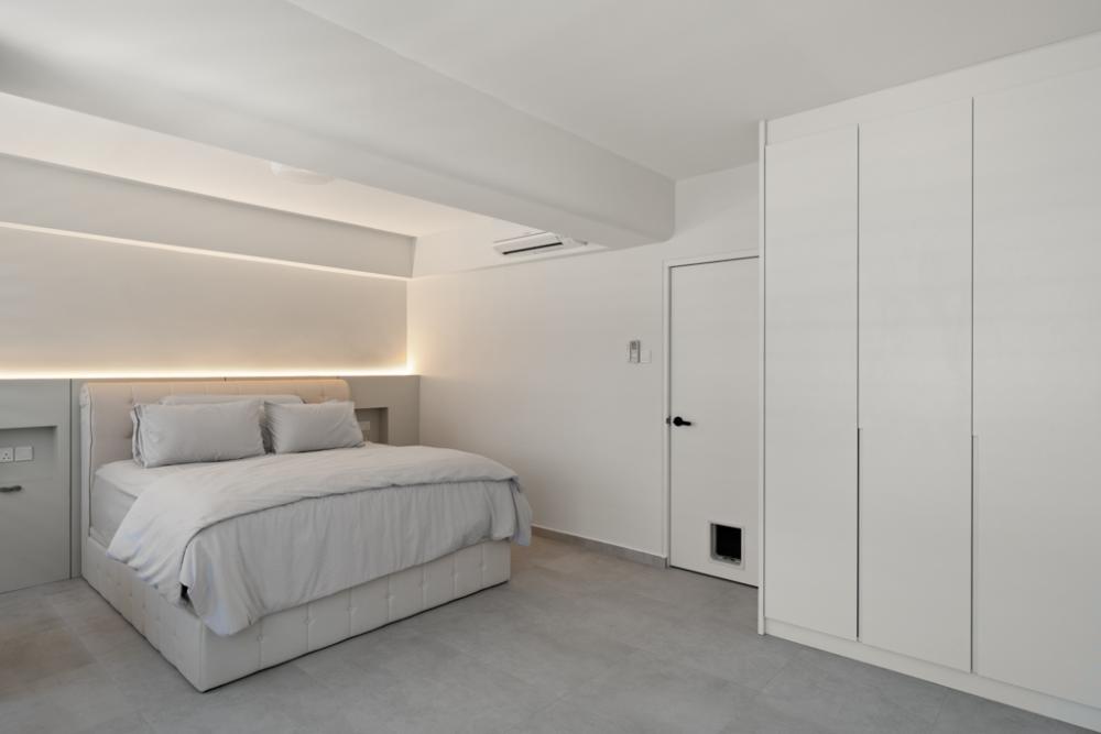 Minimalist Bedroom with Homogeneous Tiles and Wardrobe