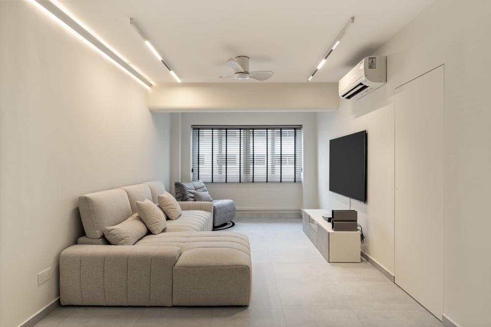 Minimalist Living Room with Homogeneous Tiles and TV Console