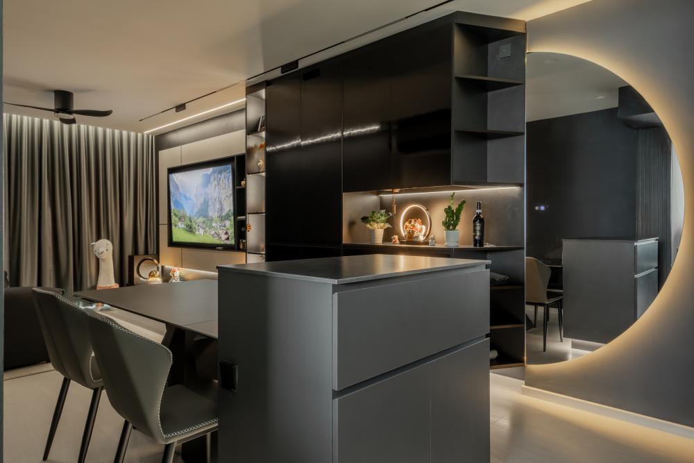 Contemporary Dining Room with Drop Light and Cove Lighting