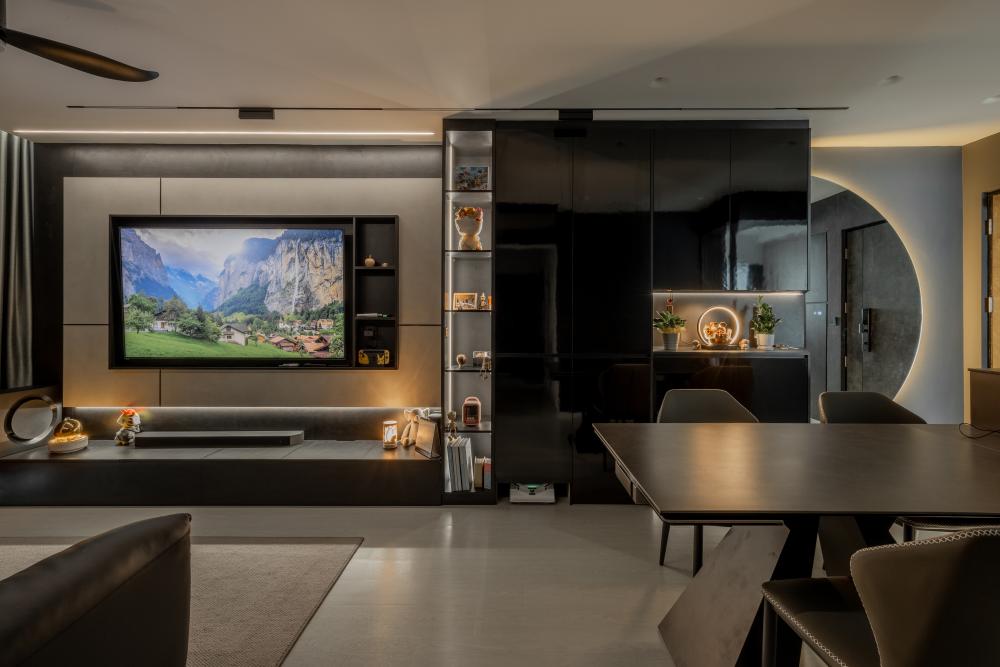 Contemporary Living Room with Herringbone Tiling and Wood Flooring