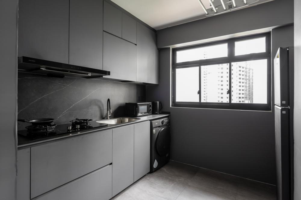 Industrial Kitchen with Homogeneous Tiles and Kitchen Window